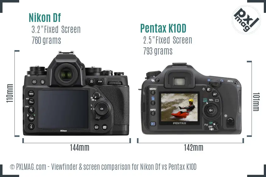 Nikon Df vs Pentax K10D Screen and Viewfinder comparison