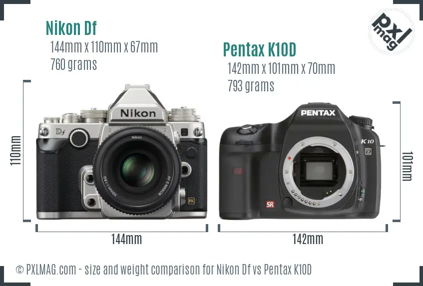 Nikon Df vs Pentax K10D size comparison