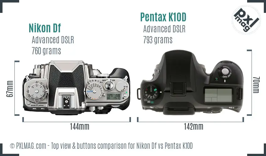 Nikon Df vs Pentax K10D top view buttons comparison