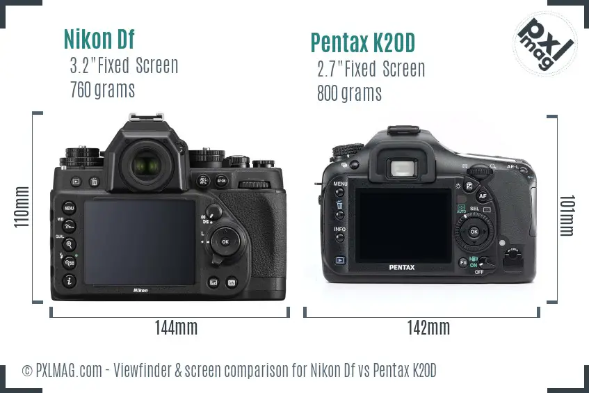 Nikon Df vs Pentax K20D Screen and Viewfinder comparison