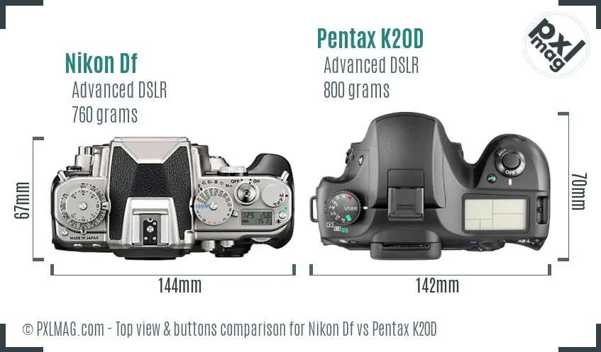 Nikon Df vs Pentax K20D top view buttons comparison