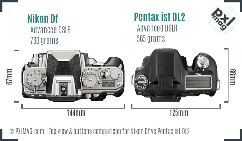 Nikon Df vs Pentax ist DL2 top view buttons comparison