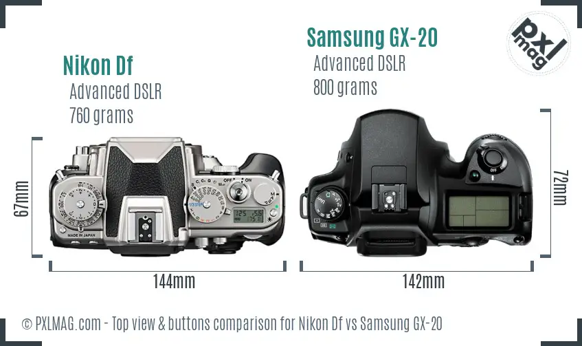 Nikon Df vs Samsung GX-20 top view buttons comparison