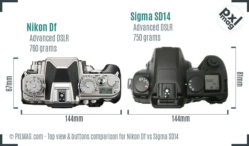 Nikon Df vs Sigma SD14 top view buttons comparison