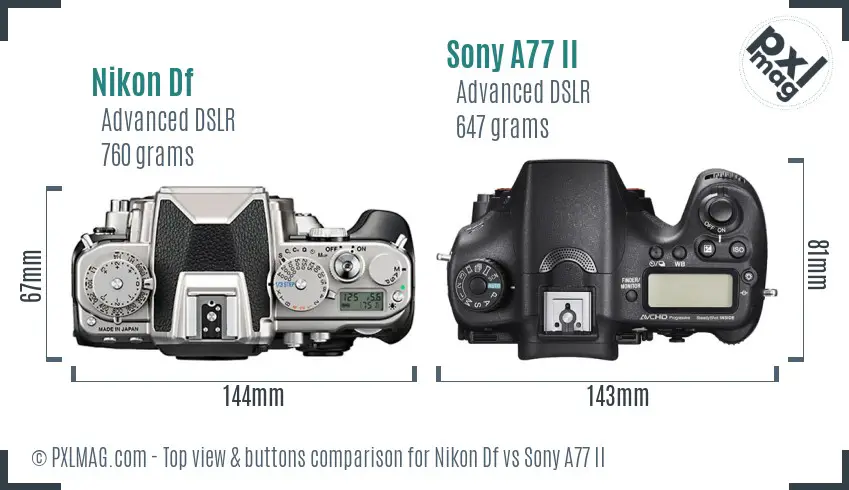 Nikon Df vs Sony A77 II top view buttons comparison