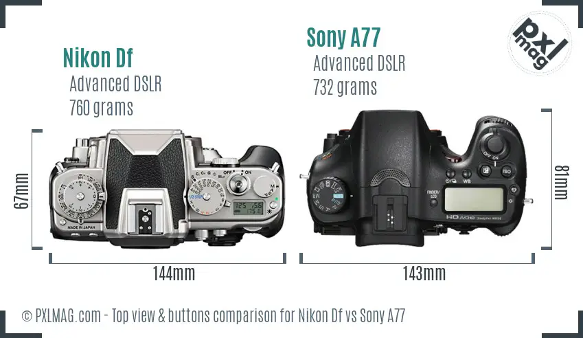 Nikon Df vs Sony A77 top view buttons comparison