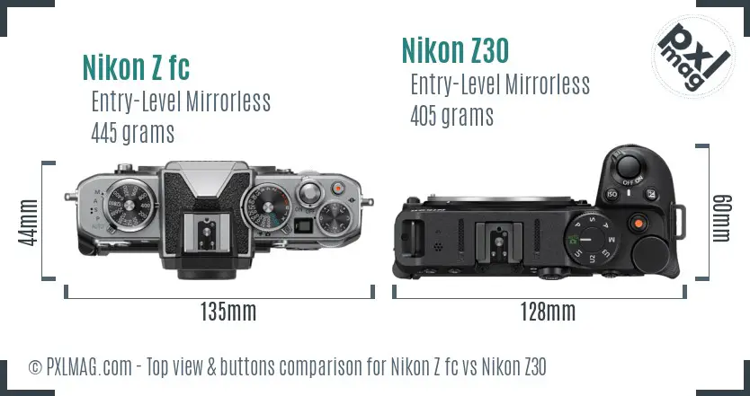 Nikon Z fc vs Nikon Z30 top view buttons comparison