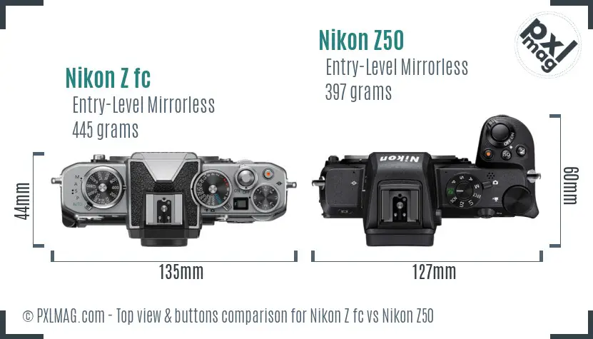 Nikon Z fc vs Nikon Z50 top view buttons comparison