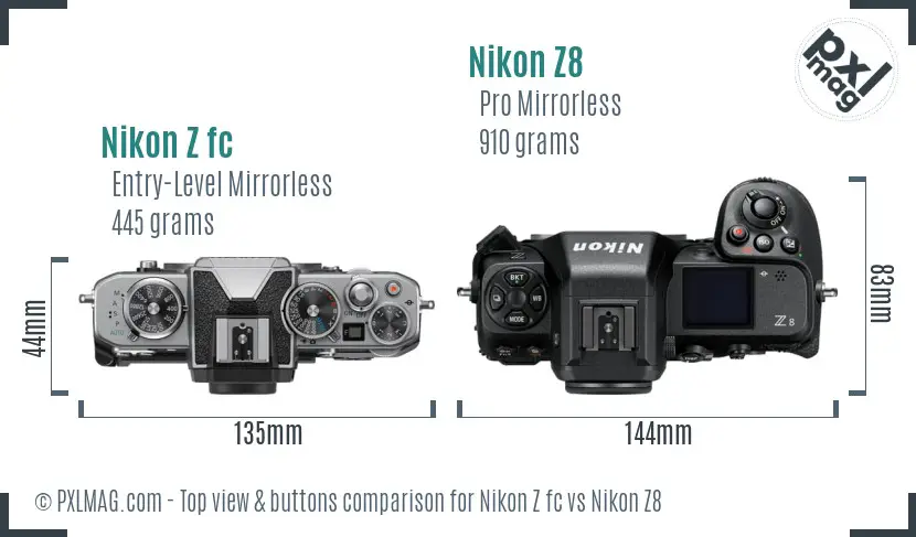 Nikon Z fc vs Nikon Z8 top view buttons comparison