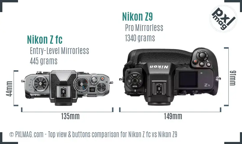 Nikon Z fc vs Nikon Z9 top view buttons comparison