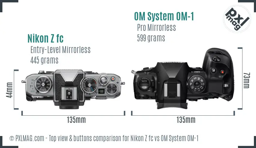 Nikon Z fc vs OM System OM-1 top view buttons comparison Nikon Z fc vs OM System OM-1 top view buttons comparison