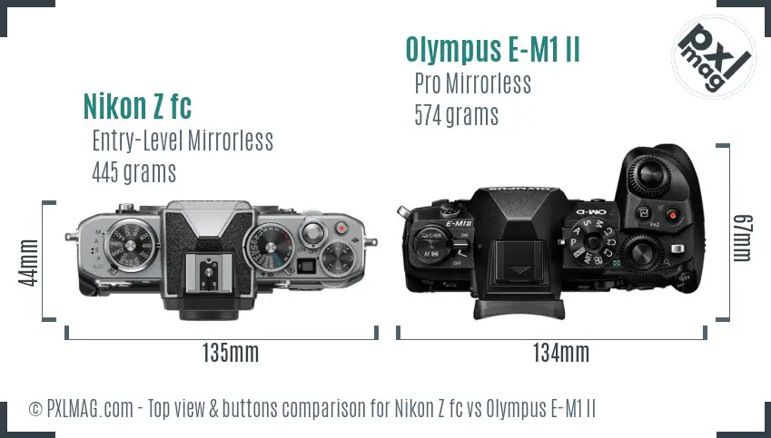 Nikon Z fc vs Olympus E-M1 II top view buttons comparison