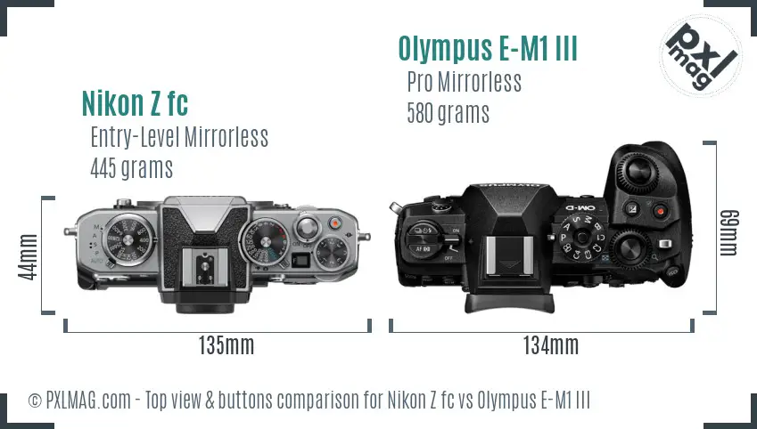 Nikon Z fc vs Olympus E-M1 III top view buttons comparison Nikon Z fc vs Olympus E-M1 III top view buttons comparison