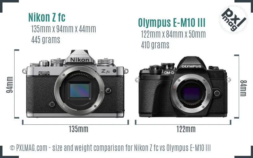 Nikon Z fc vs Olympus E-M10 III size comparison