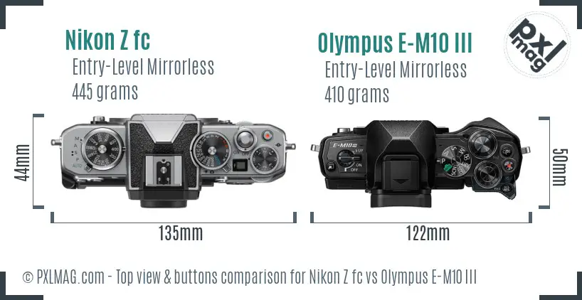 Nikon Z fc vs Olympus E-M10 III top view buttons comparison