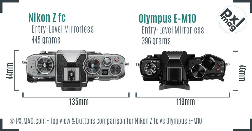 Nikon Z fc vs Olympus E-M10 top view buttons comparison Nikon Z fc vs Olympus E-M10 top view buttons comparison
