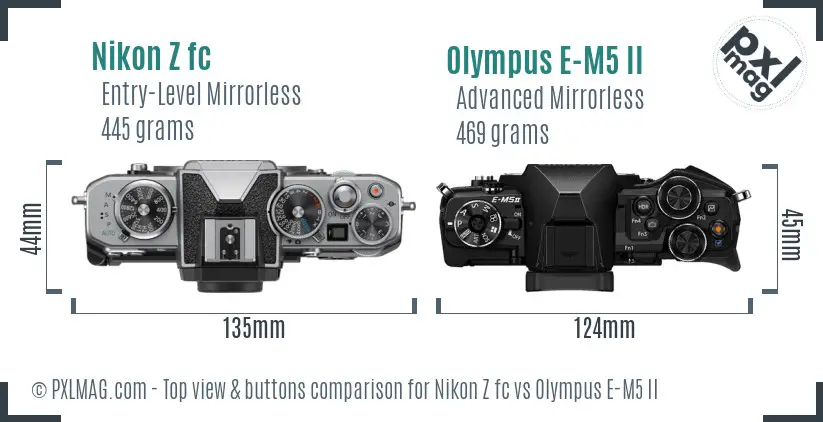 Nikon Z fc vs Olympus E-M5 II top view buttons comparison