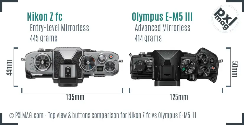 Nikon Z fc vs Olympus E-M5 III top view buttons comparison