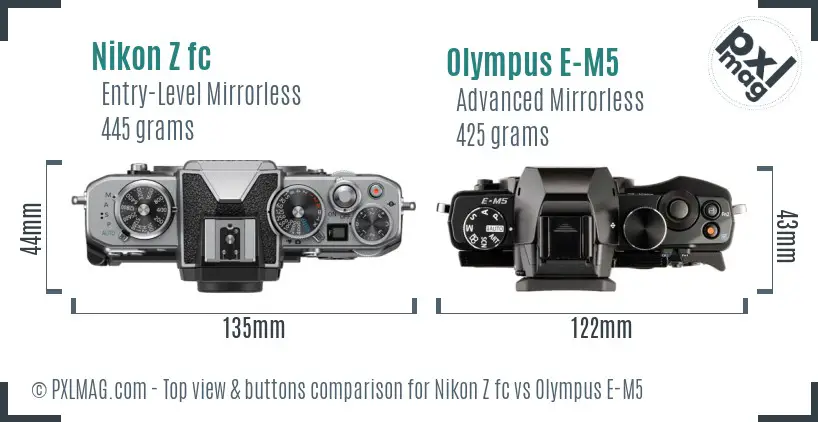 Nikon Z fc vs Olympus E-M5 top view buttons comparison