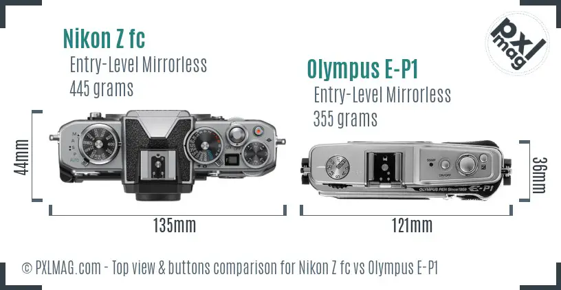 Nikon Z fc vs Olympus E-P1 top view buttons comparison Nikon Z fc vs Olympus E-P1 top view buttons comparison