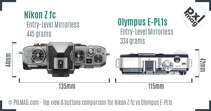 Nikon Z fc vs Olympus E-PL1s top view buttons comparison Nikon Z fc vs Olympus E-PL1s top view buttons comparison