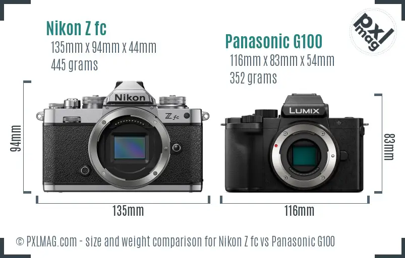 Nikon Z fc vs Panasonic G100 size comparison
