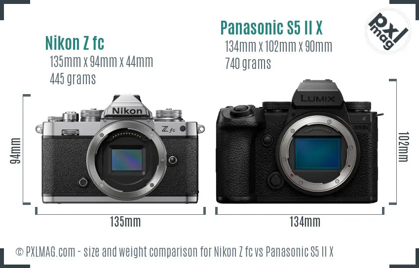 Nikon Z fc vs Panasonic S5 II X size comparison