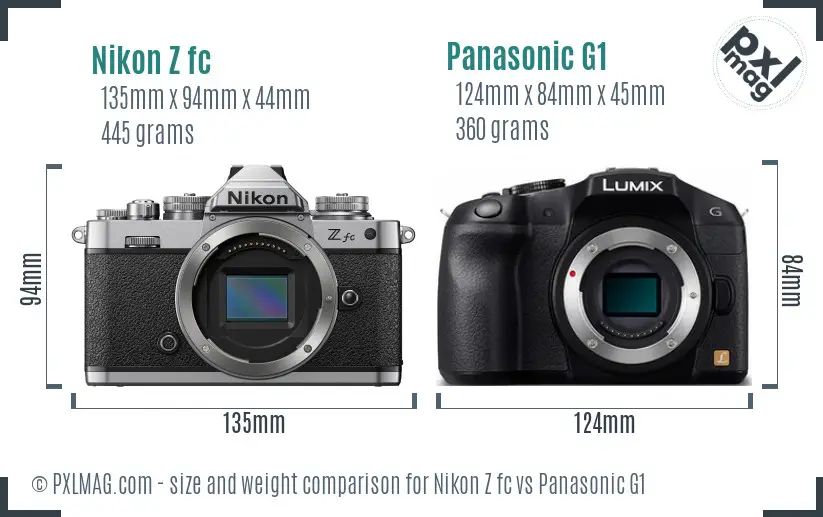 Nikon Z fc vs Panasonic G1 size comparison