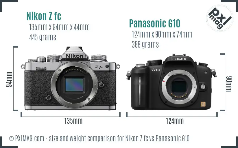 Nikon Z fc vs Panasonic G10 size comparison