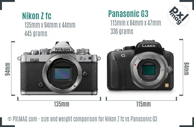 Nikon Z fc vs Panasonic G3 size comparison