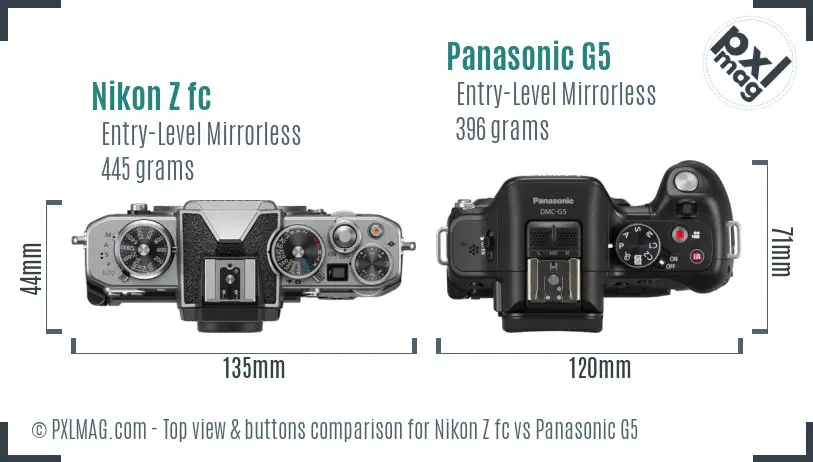 Nikon Z fc vs Panasonic G5 top view buttons comparison