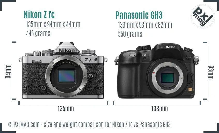 Nikon Z fc vs Panasonic GH3 size comparison