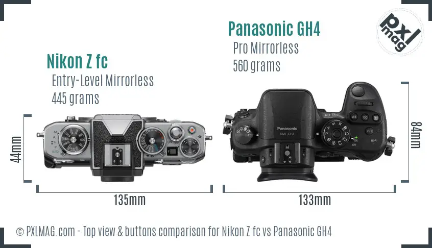 Nikon Z fc vs Panasonic GH4 top view buttons comparison Nikon Z fc vs Panasonic GH4 top view buttons comparison