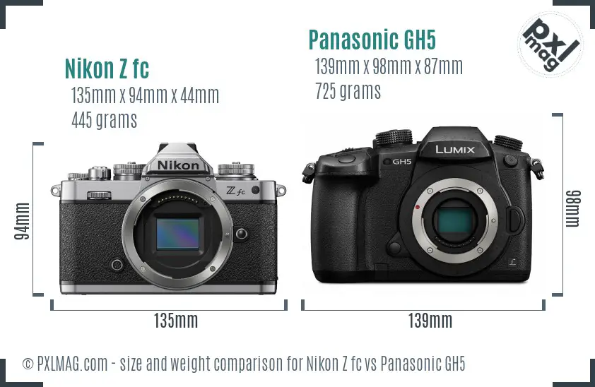 Nikon Z fc vs Panasonic GH5 size comparison