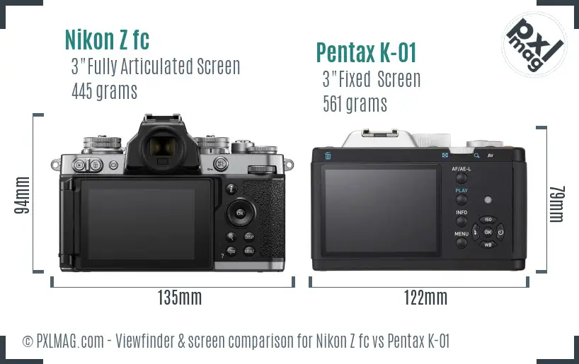 Nikon Z fc vs Pentax K-01 Screen and Viewfinder comparison