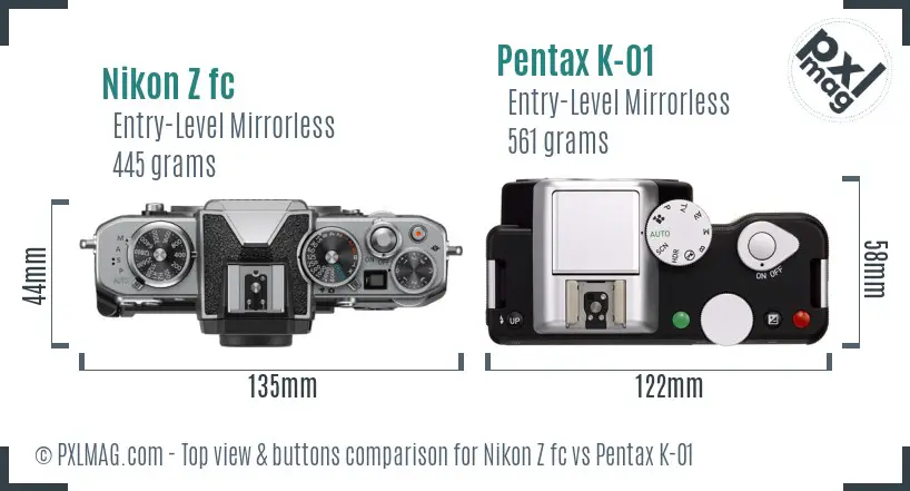 Nikon Z fc vs Pentax K-01 top view buttons comparison