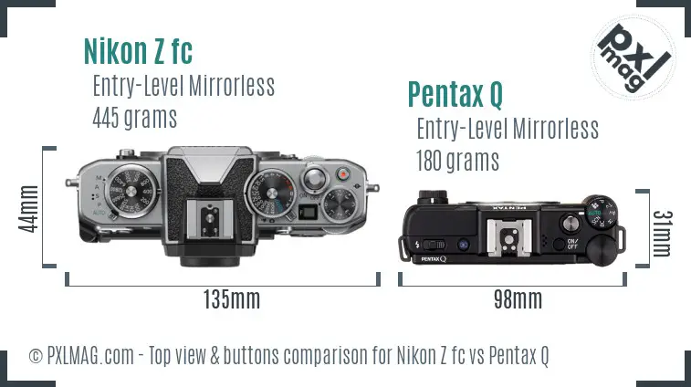 Nikon Z fc vs Pentax Q top view buttons comparison Nikon Z fc vs Pentax Q top view buttons comparison