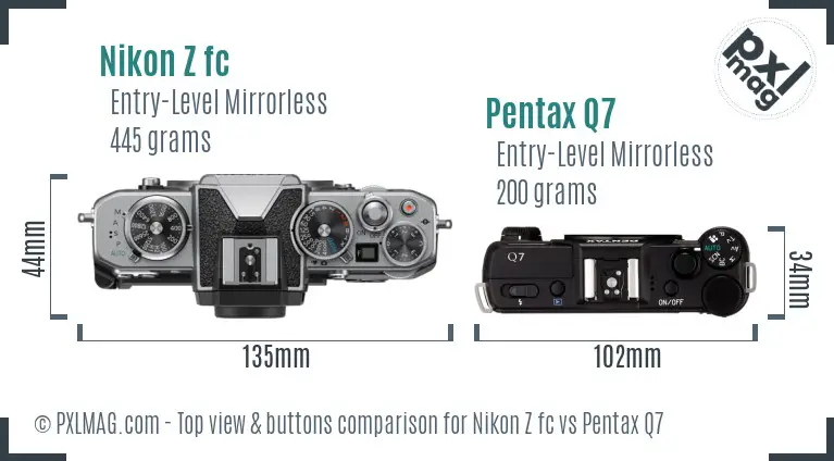 Nikon Z fc vs Pentax Q7 top view buttons comparison