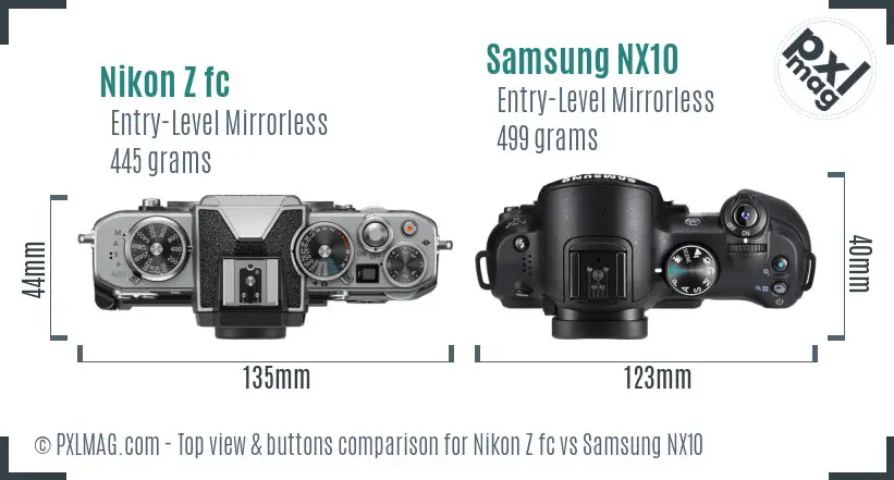 Nikon Z fc vs Samsung NX10 top view buttons comparison