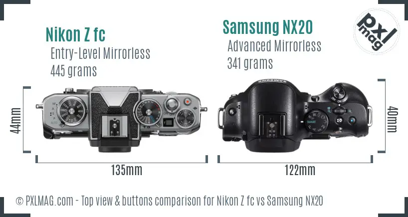 Nikon Z fc vs Samsung NX20 top view buttons comparison