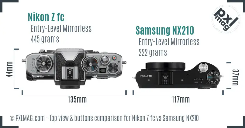 Nikon Z fc vs Samsung NX210 top view buttons comparison Nikon Z fc vs Samsung NX210 top view buttons comparison