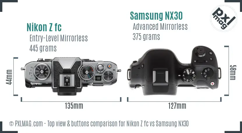 Nikon Z fc vs Samsung NX30 top view buttons comparison