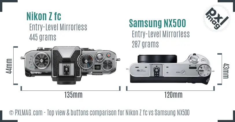 Nikon Z fc vs Samsung NX500 top view buttons comparison Nikon Z fc vs Samsung NX500 top view buttons comparison