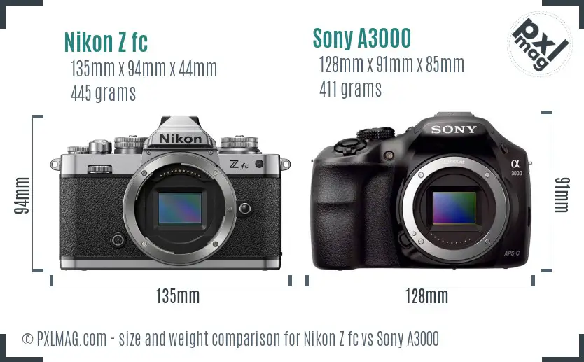 Nikon Z fc vs Sony A3000 size comparison