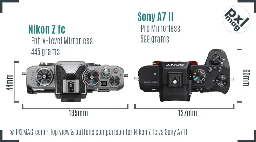 Nikon Z fc vs Sony A7 II top view buttons comparison Nikon Z fc vs Sony A7 II top view buttons comparison