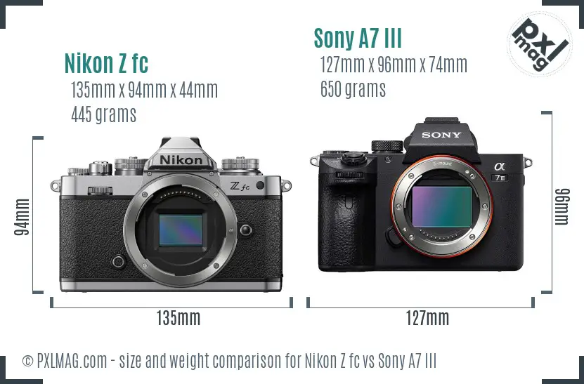 Nikon Z fc vs Sony A7 III size comparison