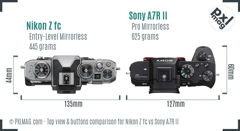 Nikon Z fc vs Sony A7R II top view buttons comparison