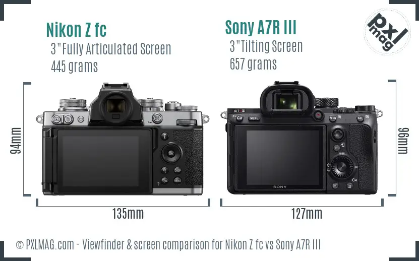 Nikon Z fc vs Sony A7R III Screen and Viewfinder comparison