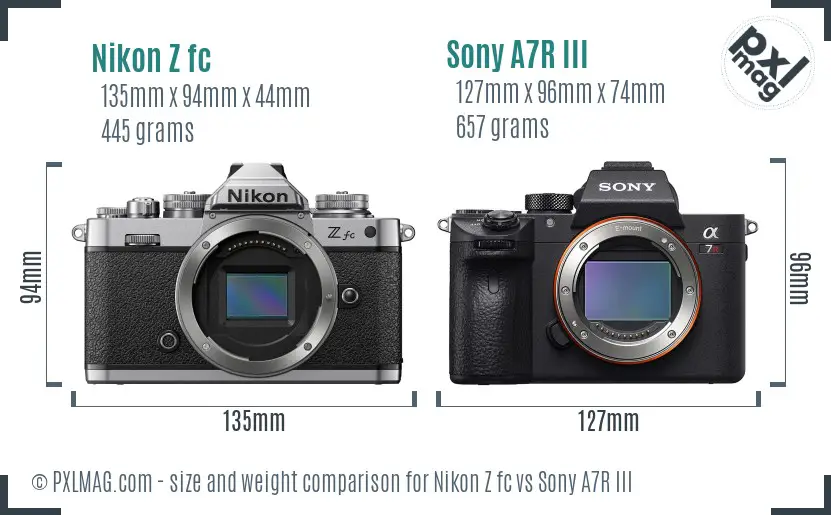 Nikon Z fc vs Sony A7R III size comparison