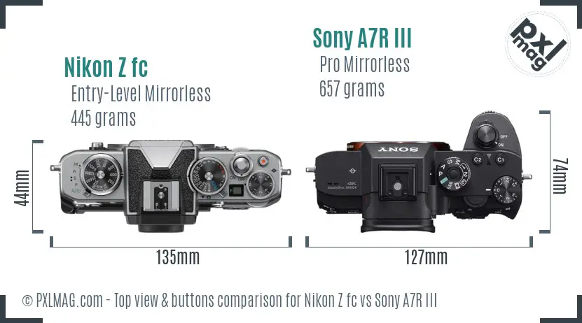 Nikon Z fc vs Sony A7R III top view buttons comparison
